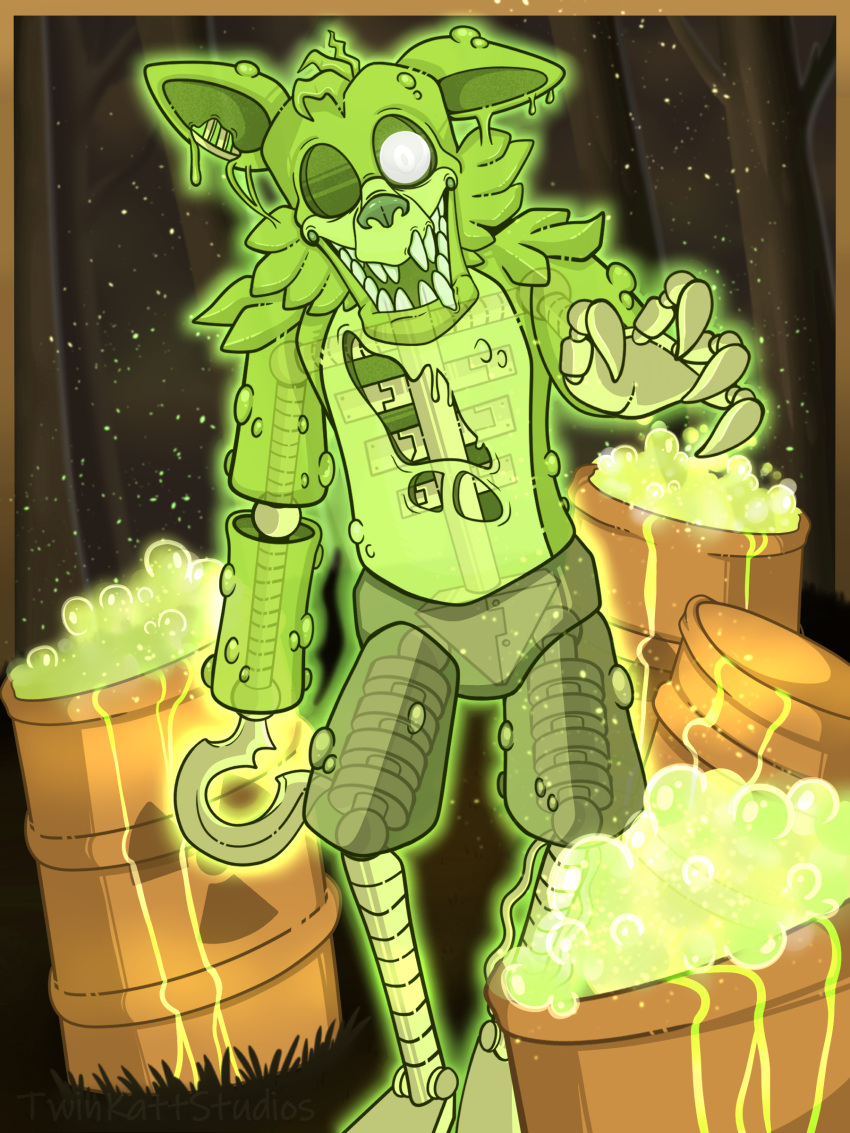 1_eye 2020 3:4 absurd_res animatronic anthro bottomwear canid canine claws clothed clothing exposed_endoskeleton five_nights_at_freddy's five_nights_at_freddy's_ar fox foxy_(fnaf) fur green_body green_ears green_fur green_hair green_nose grey_sclera hair hazard_symbol hi_res hook hook_hand machine male mammal metal metallic metallic_body multicolored_body notched_ear open_mouth pirate pseudo_clothing radiation_symbol radioactive radioactive_foxy_(fnaf) radioactive_fur radioactive_waste raised_arm reaching reaching_out reaching_towards_viewer robot robotic_hand robotic_leg robotic_legs scottgames sharp_teeth short_hair shorts smile solo soulless_eyes standing symbol teeth topless topless_anthro topless_male torn_body translucent translucent_body twinkattstudios two_tone_body white_eyes wide_eyed