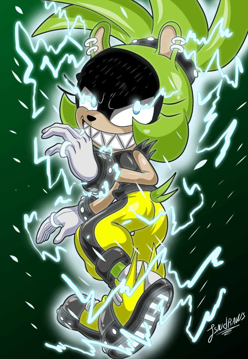 2022 afrosoricid anthro black_body black_bottomwear black_clothing black_footwear black_fur black_pants black_shoes blue_eyes bottomwear clothing ear_piercing electricity electricity_manipulation elemental_manipulation evil_face evil_grin eyelashes female footwear fur glistening glistening_eyes gloves glowing glowing_eyes green_background green_body green_fur hair handwear hi_res idw_publishing lightning looking_at_viewer mammal multiple_piercings pants piercing quills_(anatomy) ring sega sharp_teeth shirt shoes simple_background sirjzau smile solo sonic_the_hedgehog_(comics) sonic_the_hedgehog_(idw) sonic_the_hedgehog_(series) surge_the_tenrec teeth tenrec tied_hair topwear white_clothing white_gloves white_handwear yellow_bottomwear yellow_clothing yellow_footwear yellow_pants yellow_shoes