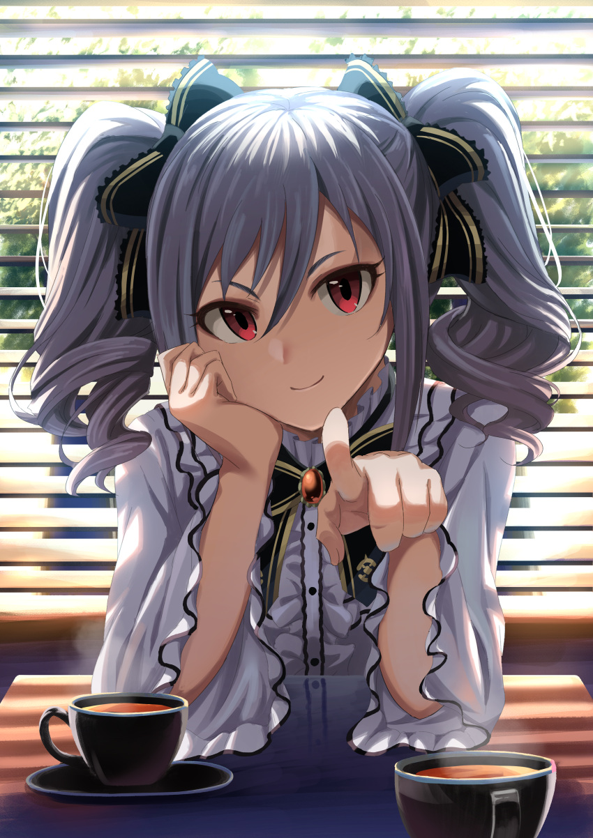 absurdres black_bow black_bowtie black_ribbon bow bowtie coffee cup drill_hair female frilled_shirt frills grey_hair hair_ribbon highres idolmaster idolmaster_cinderella_girls kanzaki_ranko long_bangs long_hair long_sleeves looking_at_viewer pointing pointing_at_viewer red_eyes ribbon saucer shirt skirt smile solo takatsuki_p teacup twin_drills twintails white_skirt window