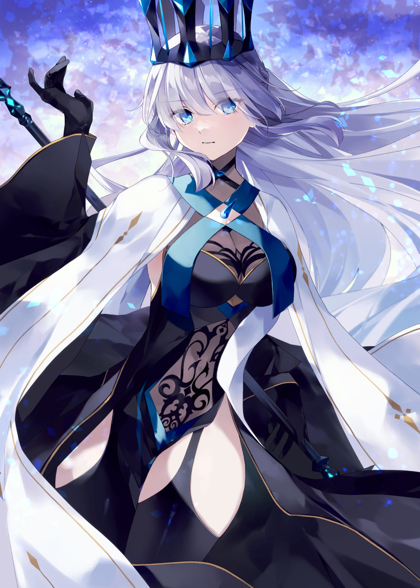 absurdres black_bow black_dress black_gloves blue_eyes bow braid breasts center_opening closed_mouth clothing_cutout covered_navel crown detached_sleeves dress fate/grand_order fate_(series) female garter_straps gloves hair_between_eyes half_up_braid highres holding holding_weapon large_breasts long_hair long_sleeves looking_at_viewer misaki346 morgan_le_fay_(fate) morgan_le_fay_(queen_of_winter)_(fate) solo stomach_cutout thighhighs two-tone_dress weapon white_hair