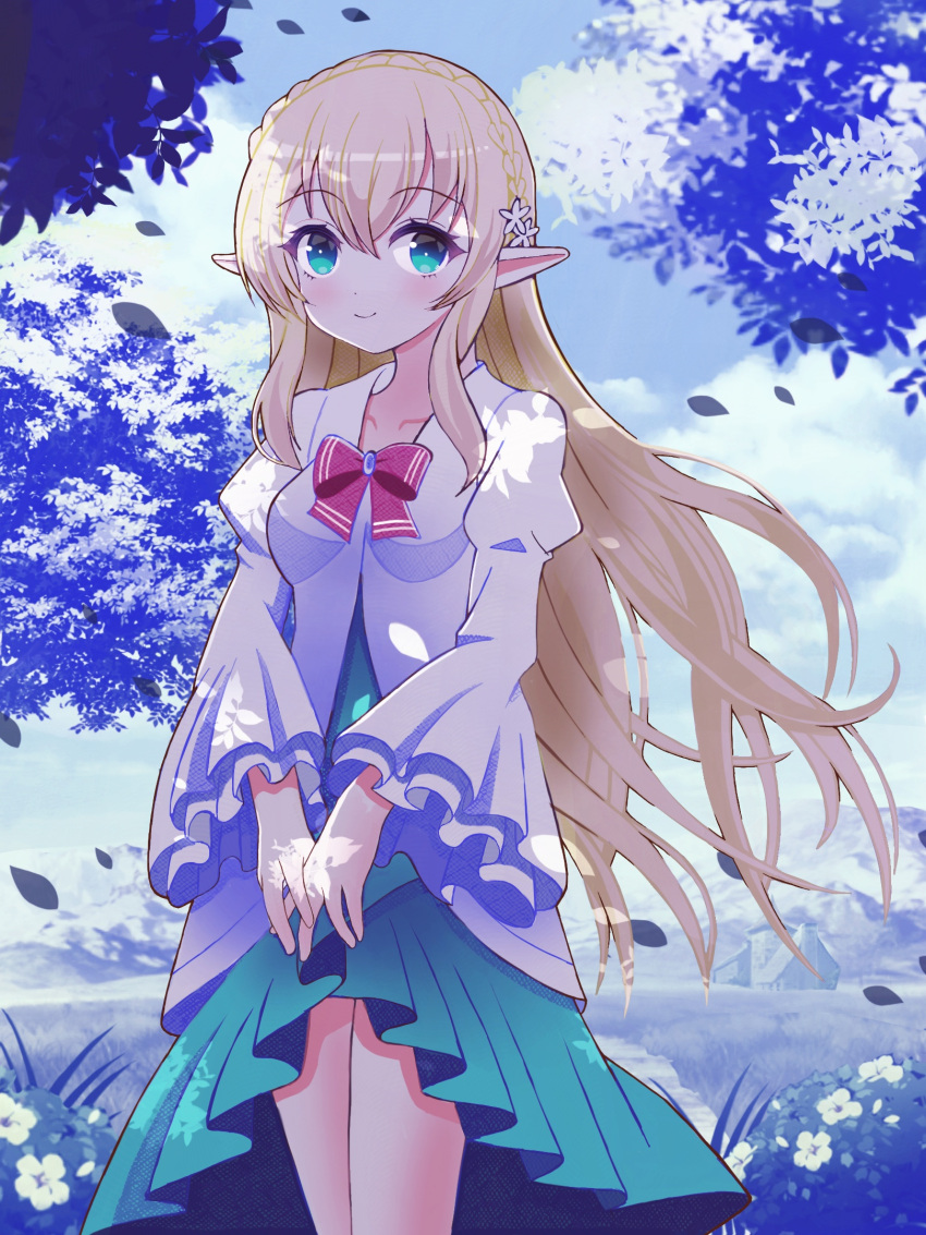 blonde_hair blue_dress blue_eyes bow braid closed_mouth commentary_request commission crown_braid day dress female flower hair_between_eyes hair_flower hair_ornament highres indie_virtual_youtuber jacket juliet_sleeves long_hair long_sleeves looking_at_viewer mikoko1 outdoors petals pleated_dress pointy_ears puffy_sleeves red_bow skeb_commission smile soara_(vtuber) solo very_long_hair virtual_youtuber white_flower white_jacket wide_sleeves