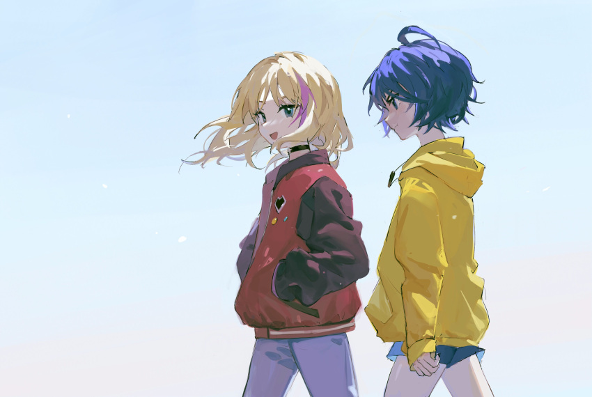 2girls :d absurdres ahoge arm_at_side badge blonde_hair blue_eyes blue_hair blue_shorts button_badge commentary green_eyes hands_in_pockets highres hood hood_down hoodie jacket kawai_rika letterman_jacket multicolored_hair multiple_girls ooto_ai open_mouth outdoors pants red_jacket reset short_hair short_shorts shorts smile standing streaked_hair symbol-only_commentary walking wonder_egg_priority yellow_hoodie