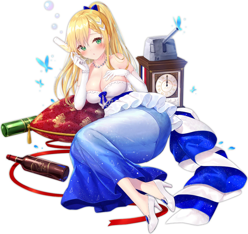 azur_lane bare_shoulders blonde_hair blue_butterfly blue_dress blue_ribbon blush bottle bow braid breasts bug butterfly cleavage clock dress elbow_gloves expressions female forbin_(azur_lane) forbin_(feast_of_champagne)_(azur_lane) france french_flag frills gloves gradient_clothes green_eyes hair_between_eyes hair_ornament hairbow hand_on_own_chest high_heels highres iris_libre_(emblem) large_breasts long_dress long_hair looking_at_viewer official_alternate_costume official_art pillow ponytail red_ribbon ribbon skindentation solo strapless strapless_dress transparent_background turret two-tone_dress white_dress white_footwear white_gloves yano_mitsuki_(nanairo)