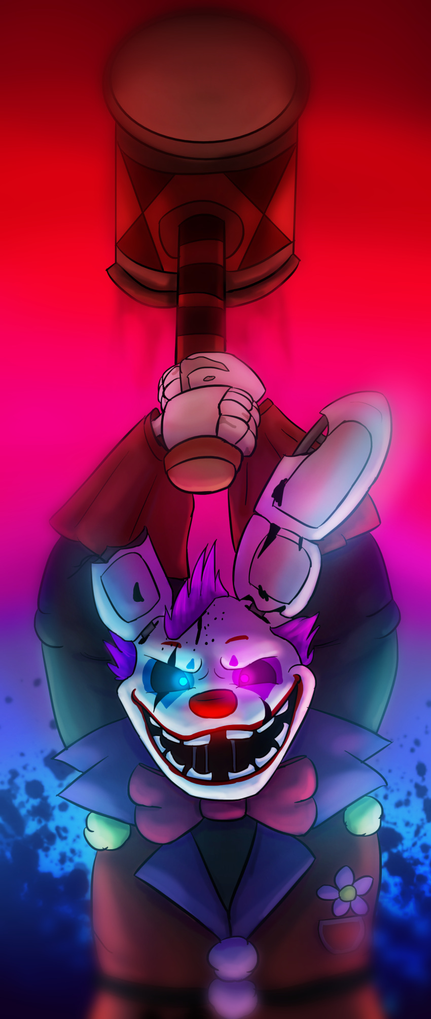 >:d abstract_background absurd_res animatronic anthro big_bow_tie big_ears big_hammer big_pupils blue_background blue_eyes bow_tie close-up clothed clothing clown clown_costume clown_makeup clown_nose clown_springtrap_(fnaf) coat dilated_pupils five_nights_at_freddy's five_nights_at_freddy's_3 five_nights_at_freddy's_ar flower glowing glowing_eyes hair hammer hi_res holding_hammer holding_object holding_tool holding_weapon lagomorph leporid lipstick long_ears looking_at_viewer machine makeup male mammal multicolored_eyes narrowed_eyes notched_ear open_mouth pink_background pink_eyes plant pupils purple_hair rabbit raised_arm red_background red_lipstick red_nose robot scar scottgames shirt short_hair simple_background smile solo springtrap_(fnaf) squint tools topwear weapon white_ears writtenstars87