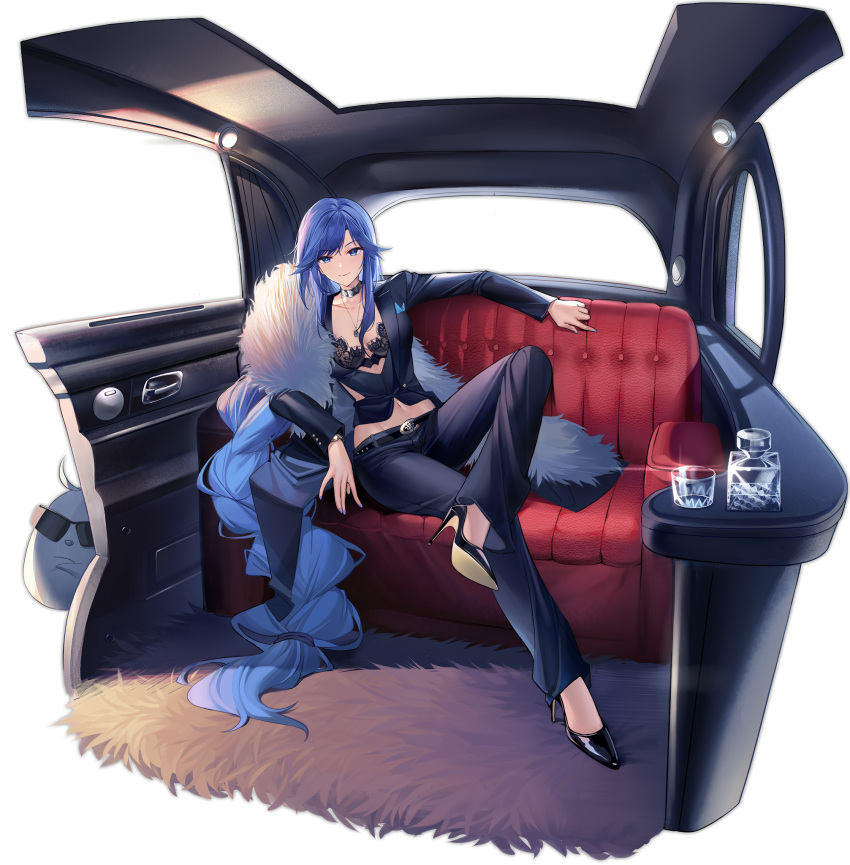 absurdly_long_hair azur_lane belt biloxi_(azur_lane) biloxi_(empress_in_the_silk_seat)_(azur_lane) black_bra black_footwear black_jacket blue_eyes blue_hair blue_nails blue_pants blue_ribbon bra braid car_interior center_opening choker crossed_legs cup drinking_glass eagle_union_(emblem) expressions feather_boa female figure_four_sitting formal full_body fur glass hair_ribbon handkerchief high_heels highres jacket jewelry lace lace_bra limousine long_hair long_sleeves looking_at_viewer manjuu_(azur_lane) nail_polish navel necklace no_shirt no_socks official_alternate_costume official_art pants pavapo pumps reclining ribbon shoes single_braid sitting smile suit suit_jacket sunglasses swept_bangs transparent_background underwear very_long_hair waistcoat watch watermark wristwatch