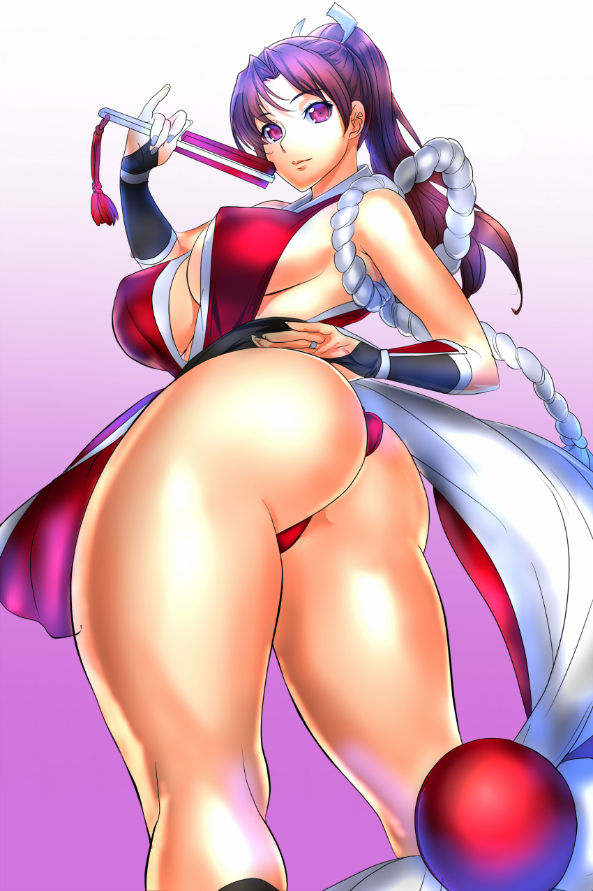 absurdres ass bare_legs breasts brown_hair cleavage covered_nipples fatal_fury female folded_fan folding_fan from_below hand_fan highres japanese_clothes judge_(oekaki) long_hair ninja no_bra parted_bangs ponytail revealing_clothes rope sash shiranui_mai solo standing the_king_of_fighters thick_thighs thighs