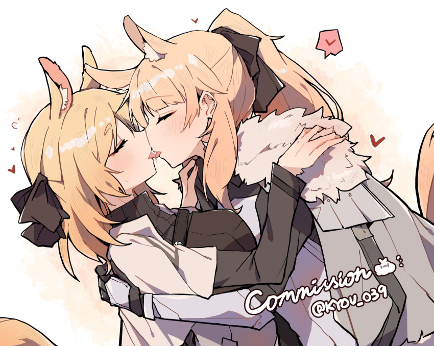 2girls animal_ear_fluff animal_ears arknights armor aunt_and_niece black_bow black_shirt blemishine_(arknights) blonde_hair blush bow closed_eyes commission dutch_angle extra_ears french_kiss fur-trimmed_armor fur_trim gloves hairbow hands_on_another's_shoulders heart highres horse_ears horse_girl horse_tail incest jacket kissing kyou_039 long_sleeves multiple_girls noses_touching ponytail saliva shirt spoken_heart sweatdrop tail tongue tongue_out twitter_username upper_body whislash_(arknights) white_jacket yuri