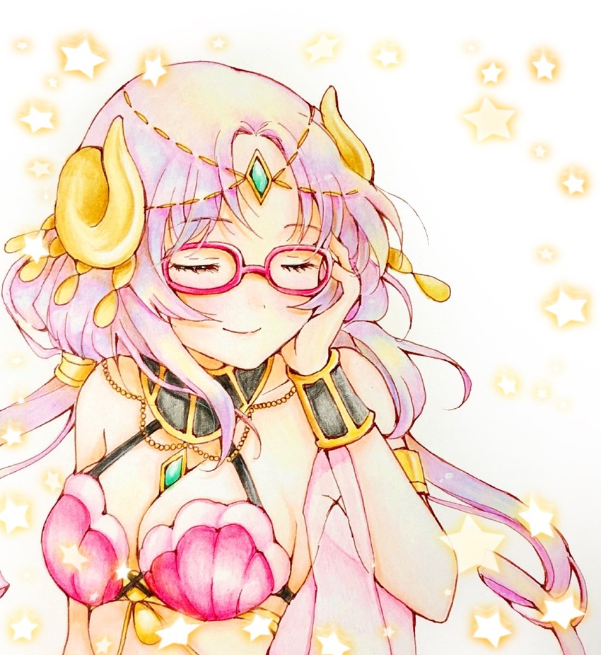 bespectacled blush bracelet breasts cleavage closed_eyes closed_mouth diadem eyelashes female glasses hand_on_own_face highres horns jewelry low_twintails mikan_(orange_mix7) nanaka_(princess_connect!) nanaka_(summer)_(princess_connect!) necklace princess_connect! purple_hair shell shell_bikini smile solo star_(symbol) swimsuit traditional_media twintails watercolor_pencil_(medium)