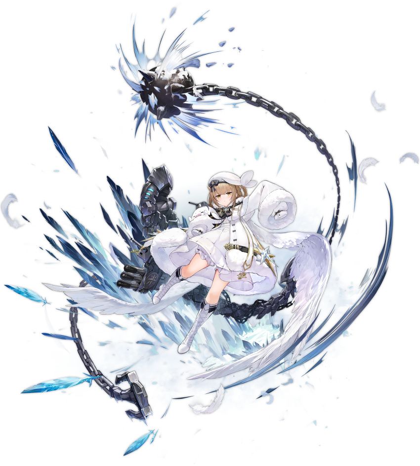 azur_lane boots braid breasts brown_hair coat dress feathered_wings feathers female full_body fur-trimmed_coat fur_trim gremyashchy_(azur_lane) highres long_hair looking_at_viewer official_art small_breasts solo torpedo_tubes transparent_background very_long_sleeves white_coat white_dress white_footwear white_headwear wings yellow_eyes yyy_(zelda10010)