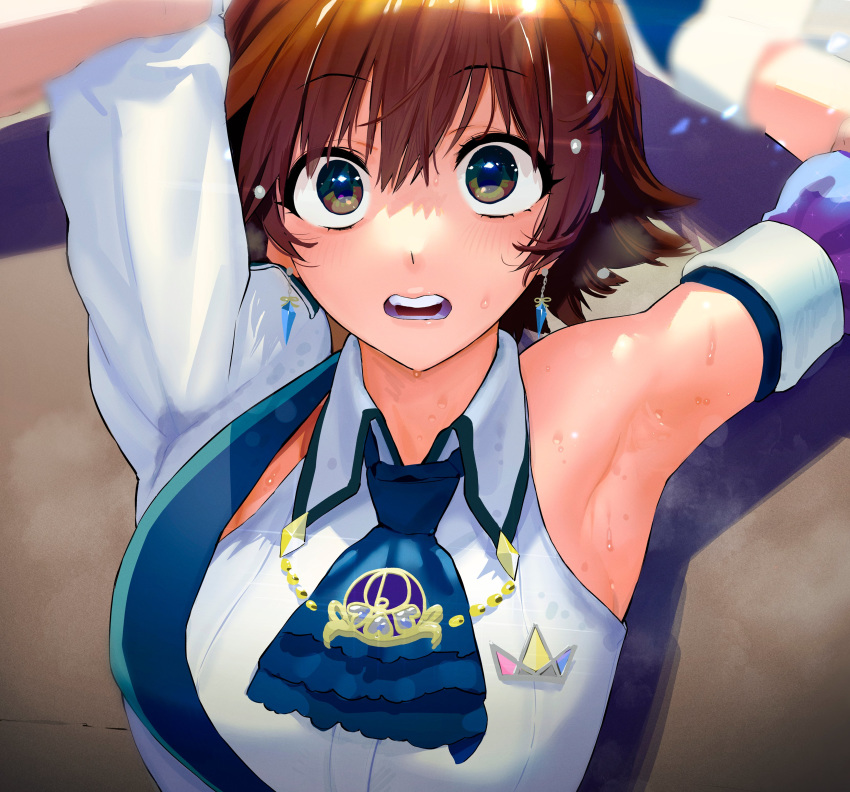 absurdres against_wall armpits blush brooch brown_eyes brown_hair cuffs earrings female hair_ornament highres honda_mio idolmaster idolmaster_cinderella_girls idolmaster_cinderella_girls_starlight_stage jewelry kitou_sakeru looking_at_viewer neckerchief open_mouth short_hair sleeveless stain stained_clothes sweat sweaty_clothes