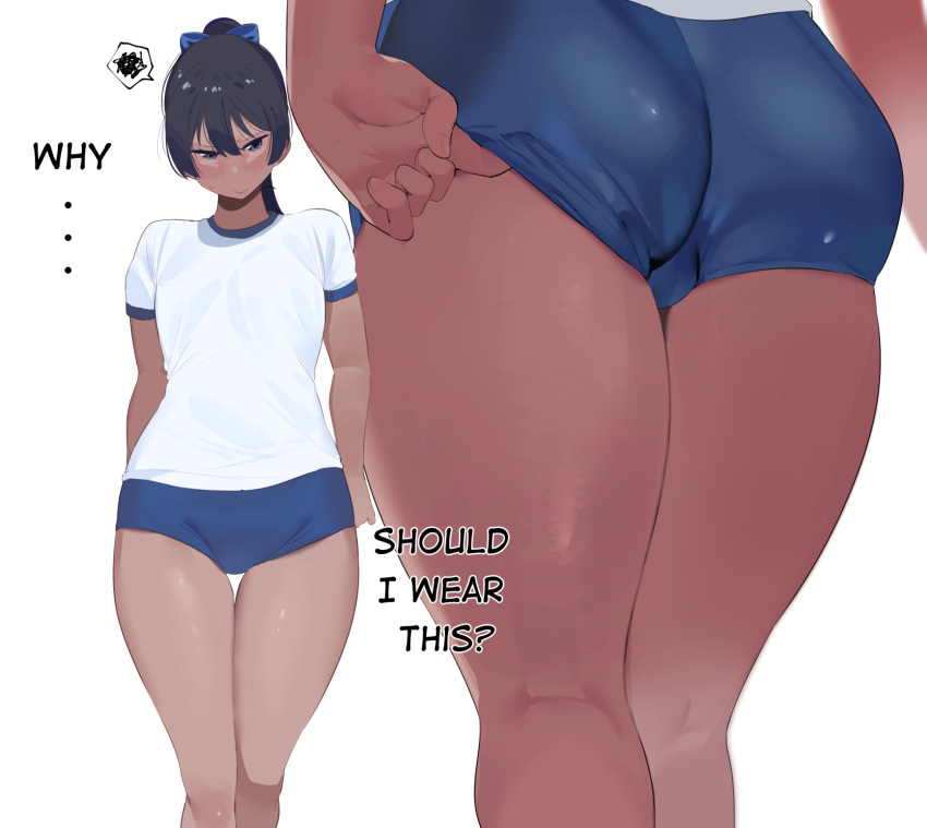 arms_behind_back ass black_hair blue_bow blue_buruma blush bow buruma closed_mouth commentary dark-skinned_female dark_skin english_commentary english_text female from_behind gym_uniform hairbow highres legs_together looking_at_viewer multiple_views okpriko original paid_reward_available shirt short_sleeves simple_background speech_bubble standing thai_girl_(okpriko) thigh_gap white_background white_shirt