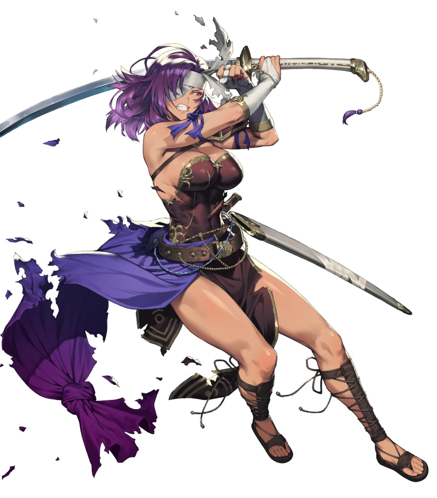 armor bare_shoulders belt breasts chyko clenched_hand clenched_teeth dark_skin dress elbow_gloves eyepatch female fire_emblem fire_emblem:_akaneia_saga fire_emblem:_new_mystery_of_the_emblem fire_emblem_heroes full_body gloves gold_trim highres holding holding_sword holding_weapon large_breasts long_hair looking_away malice_(fire_emblem) muscular muscular_female non-web_source official_art parted_lips purple_hair red_eyes sheath shiny_skin shoulder_armor solo strapless strapless_dress sword tan teeth toeless_footwear toes torn_clothes transparent_background weapon