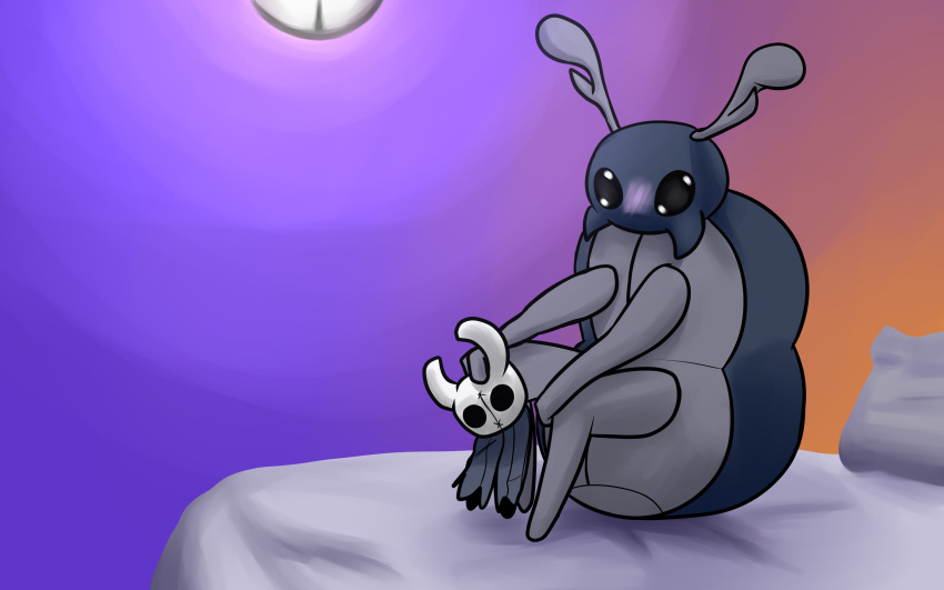 16:10 absurd_res arthropod bedroom blush bretta_(hollow_knight) doll empty_eyes featureless_(disambiguation) female hi_res hollow_knight inside looking_at_viewer shaded simple_background sitting skeletorskeletonized solo team_cherry the_knight_(hollow_knight) widescreen