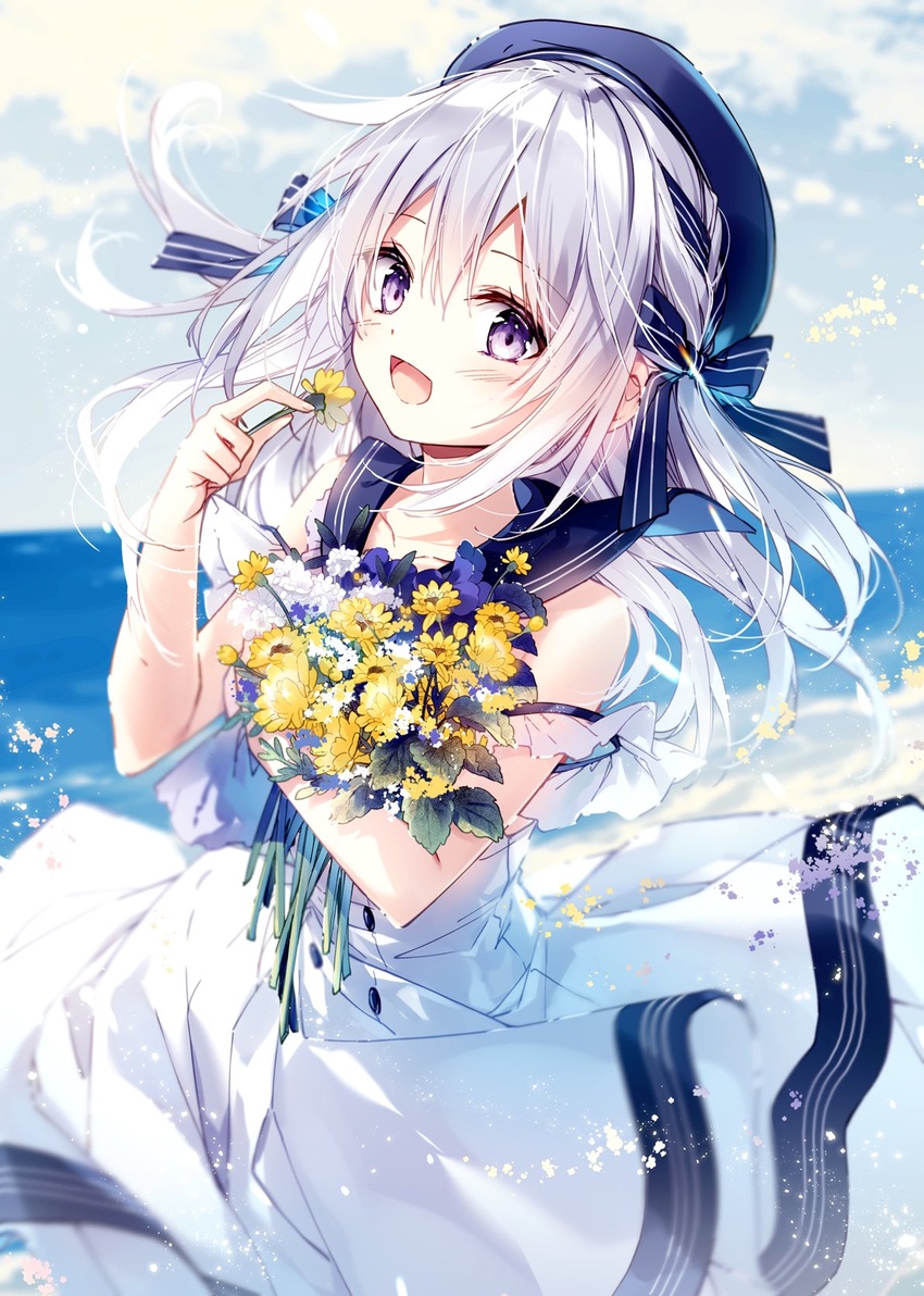 :d blue_flower blue_sailor_collar blue_sky blurry blurry_background blush bouquet cloud collarbone commentary_request day depth_of_field dress ezuki_luna female flower hair_between_eyes highres horizon hugging_object liver_city long_hair looking_at_viewer mochizuki_shiina ocean open_mouth outdoors purple_eyes sailor_collar sailor_dress sky sleeveless sleeveless_dress smile solo water white_dress white_flower white_hair yellow_flower