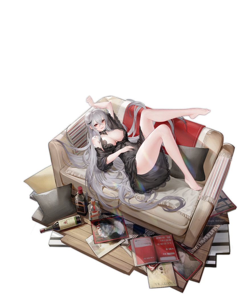 alcohol azur_lane bare_shoulders barefoot black_dress breasts center_opening cleavage dress female flower from_above full_body gangut_(azur_lane) gangut_(keeper_of_the_firewater)_(azur_lane) grey_hair gujianshaonu heart heart-shaped_pupils highres indoors large_breasts long_hair looking_at_viewer magazine_(object) nightgown off-shoulder_dress off_shoulder official_alternate_costume official_art pillow plant potted_plant red_eyes see-through see-through_dress solo symbol-shaped_pupils transparent_background very_long_hair vodka white_flower wooden_floor