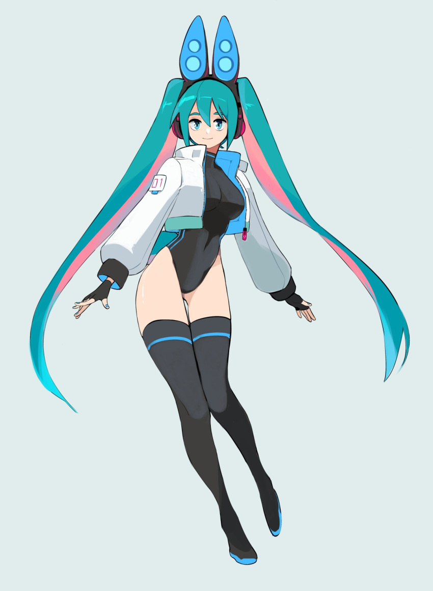 animal_ear_headphones animal_ears aqua_eyes aqua_hair aqua_nails ass_visible_through_thighs azuumori black_gloves black_leotard black_thighhighs boots breasts commentary contrapposto cropped_jacket english_commentary fake_animal_ears female fingerless_gloves full_body gloves hair_between_eyes hatsune_miku headphones highleg highleg_leotard highres jacket leotard long_hair looking_at_viewer medium_breasts multicolored_hair nail_polish open_clothes open_jacket pink_hair rabbit_ear_headphones rabbit_ears simple_background smile solo standing streaked_hair thigh_boots thighhighs thighs twintails two-tone_hair very_long_hair vocaloid white_jacket