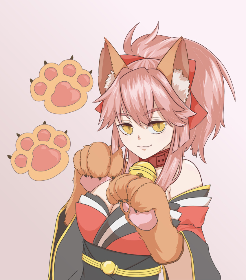 animal_ear_fluff animal_ears animal_hands bare_shoulders bell breasts cat_paws cleavage collar detached_sleeves fate/grand_order fate_(series) female fox_ears fox_girl gloves hair_ribbon highres japanese_clothes jingle_bell kimono large_breasts long_hair looking_at_viewer neck_bell paw_gloves pink_hair pome_(taiyaki2277) ponytail red_kimono red_ribbon ribbon solo tamamo_(fate) tamamo_cat_(fate) tamamo_cat_(first_ascension)_(fate) yellow_eyes