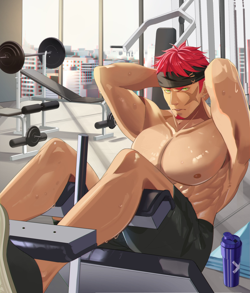 1boy absurdres arms_behind_head bara barbell black_shorts bottle day exercising facial_hair green_eyes gyee gym headband highres indoors kyu-go looking_at_viewer male_focus muscular muscular_male musso_(gyee) pectorals pink_hair scar scar_on_face shorts solo sweat water_bottle weights window