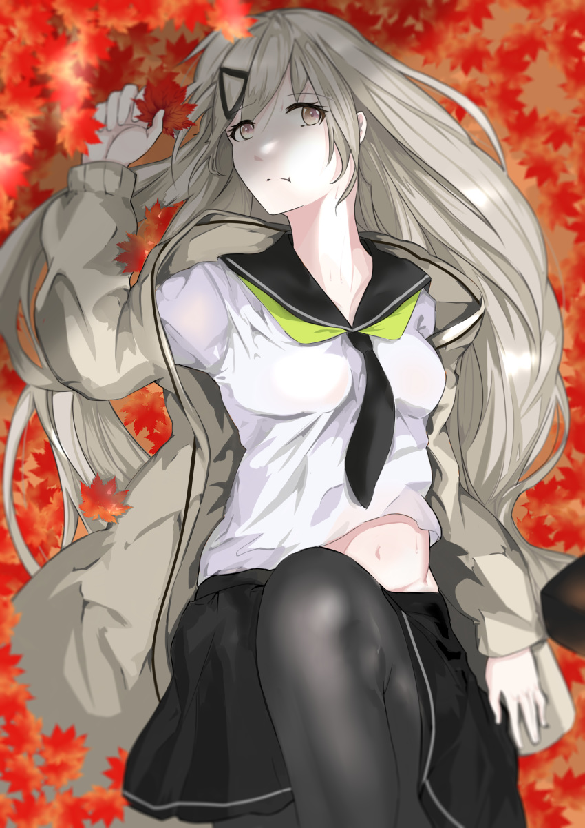 absurdres autumn_leaves black_pantyhose black_skirt breasts female frown girls'_frontline grey_eyes grey_hair grey_jacket hair_ornament hairclip highres hsubo jacket knee_up leaf leaf_background long_hair looking_at_viewer medium_breasts mg4_(girls'_frontline) mg4_(survival_club)_(girls'_frontline) neckerchief official_alternate_costume pantyhose shirt skirt solo unhappy white_shirt