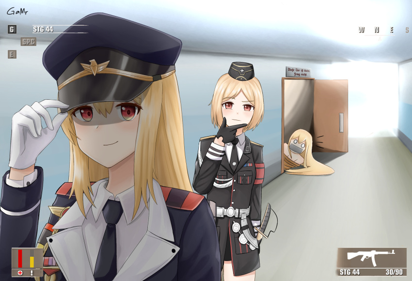 3girls assault_rifle black_gloves black_necktie blonde_hair bound cosplay gag gameplay_mechanics gamryous garrison_cap girls'_frontline gloves gun hat highres hitman_(game) improvised_gag long_hair long_sleeves military military_uniform mp40_(girls'_frontline) multiple_girls necktie peaked_cap red_eyes rifle rope short_hair stg44 stg44_(girls'_frontline) stg44_(girls'_frontline)_(cosplay) sv-98_(girls'_frontline) tape tape_gag tied_up_(nonsexual) uniform user_interface weapon white_gloves