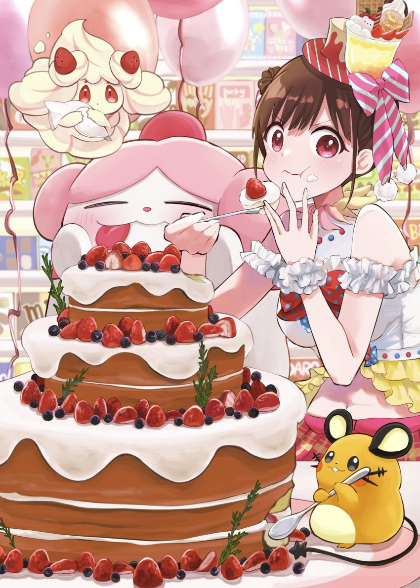 19_okeke 3others :t alcremie alcremie_(strawberry_sweet) alcremie_(vanilla_cream) alt_text balloon blueberry blush breasts brown_hair cake commentary_request cream_puff crossover dedenne dress eating female food fruit hat highres holding holding_spoon idolmaster idolmaster_shiny_colors looking_at_viewer medium_breasts mini_hat multiple_others navel off-shoulder_dress off_shoulder pastry_bag pocky pokemon pokemon_(creature) red_eyes slurpuff sonoda_chiyoko spoon strawberry