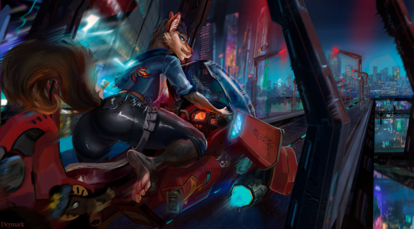 anthro ass biker biker_jacket canid canine canis city city_background cityscape clothing cyberpunk deymark emblem female freeway hi_res highway jacket legend_of_ahya logo mammal motorcycle murana_wolford_(darkflame-wolf) night pawpads paws solo speed_lines topwear vehicle wolf