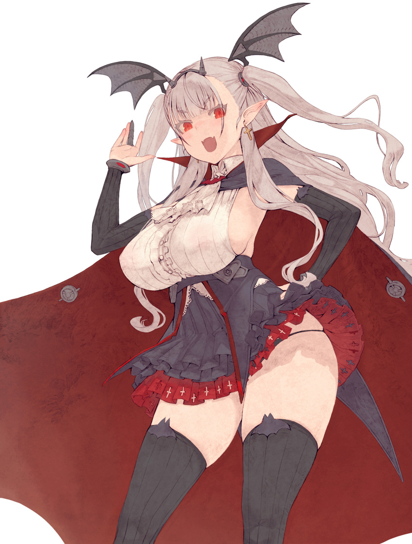 black_panties black_skirt black_thighhighs breasts cape cross cross_earrings detached_sleeves draculina_(last_origin) dress earrings fake_horns fangs female hair_ornament hand_on_own_hip highres horns huge_breasts jewelry last_origin long_hair open_mouth panties pointy_ears red_eyes ribbed_shirt shirt simple_background skin_fangs skindentation skirt solo thighhighs tsunekun two-tone_cape two_side_up underwear vampire very_long_hair white_background white_hair white_shirt wing_hair_ornament