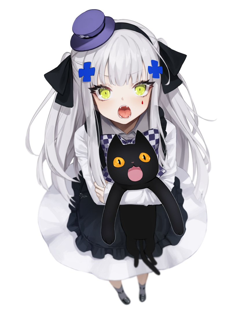 animal ankkoyom black_cat blush bow bowtie checkered_bow checkered_bowtie checkered_clothes commentary dress facial_mark fangs feline female frills from_above girls'_frontline green_eyes hat highres hk416_(black_kitty's_gift)_(girls'_frontline) hk416_(girls'_frontline) holding holding_animal holding_cat long_hair looking_at_viewer mini_hat mini_top_hat oerba_yun_fang official_alternate_costume open_mouth simple_background teardrop top_hat white_hair