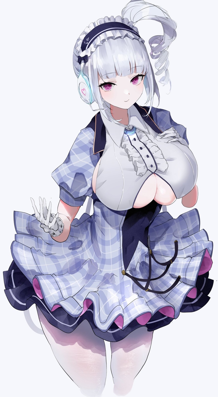 azur_lane breasts clothing_cutout covered_navel dido_(azur_lane) dido_(muse)_(azur_lane) dress drill_hair ekaki_no_mime female gloves headphones highres large_breasts looking_at_viewer maid_headdress pantyhose purple_eyes side_ponytail sideboob solo underboob white_background white_gloves white_hair white_pantyhose