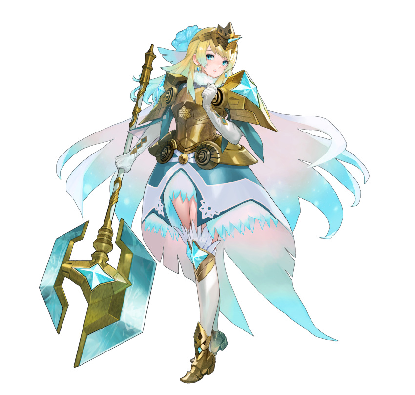 absurdres armor armored_boots armored_dress axe battle_axe blonde_hair blue_eyes blue_hair boots breastplate cape commentary dress earrings feather_trim female fire_emblem fire_emblem_heroes fjorm_(fire_emblem) fjorm_(ice_ascendant)_(fire_emblem) full_body fur_trim gloves gradient_clothes gradient_hair highres holding holding_weapon jewelry long_sleeves looking_at_viewer maeshima_shigeki medium_hair multicolored_hair official_alternate_costume official_alternate_hair_length official_alternate_hairstyle official_art shoulder_armor simple_background solo thighhighs tiara two-tone_hair weapon white_background zettai_ryouiki