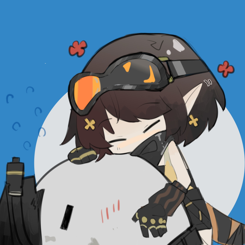 arknights bad_id bad_lofter_id bare_shoulders black_gloves blush brown_hair chibi closed_eyes eunectes_(arknights) female flying_sweatdrops gloves goggles goggles_on_head gxszdddd highres hug lancet-2_(arknights) medium_hair no_nose pointy_ears robot snake_tail tail