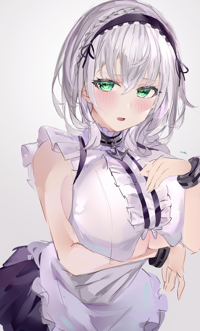 alternate_costume arm_under_breasts azur_lane blue_eyes breasts clothing_cutout commentary_request cosplay dido_(azur_lane) dido_(azur_lane)_(cosplay) female grey_hair hand_on_own_chest highres hololive large_breasts maid maid_headdress medium_hair mile_(off8mile) shirogane_noel simple_background sleeveless solo underboob_cutout virtual_youtuber wavy_hair