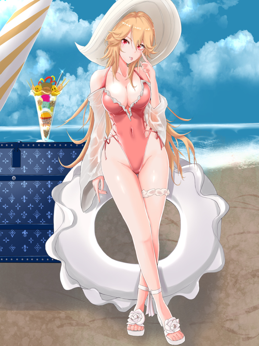 :p akanbe ankle_ribbon azur_lane beach blonde_hair blue_sky breasts casual_one-piece_swimsuit cleavage cloud commentary covered_navel cross-laced_clothes cross-laced_one-piece_swimsuit crossed_legs day eyelid_pull female frilled_one-piece_swimsuit frills full_body groin hat high_heels highleg highleg_swimsuit highres horizon innertube large_breasts leg_ribbon long_hair ocean official_alternate_costume one-piece_swimsuit outdoors parfait pink_one-piece_swimsuit red_eyes ribbon richelieu_(azur_lane) richelieu_(fleuron_of_the_waves)_(azur_lane) sandals side-tie_swimsuit sky solo standing sun_hat swim_ring swimsuit thigh_gap thigh_strap tongue tongue_out watson_cross zubi_(skylinezb)