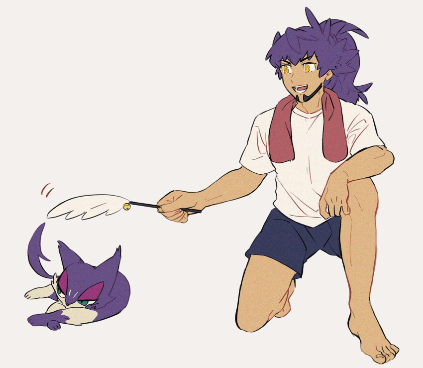 1boy alternate_costume bad_id bad_twitter_id barefoot black_shorts cat_teaser commentary_request dark-skinned_male dark_skin facial_hair feline highres holding leon_(pokemon) long_hair male_focus mobuchin on_one_knee pokemon pokemon_(creature) pokemon_swsh ponytail purple_hair purrloin shirt short_sleeves shorts smile t-shirt toes towel towel_around_neck white_background white_shirt yellow_eyes