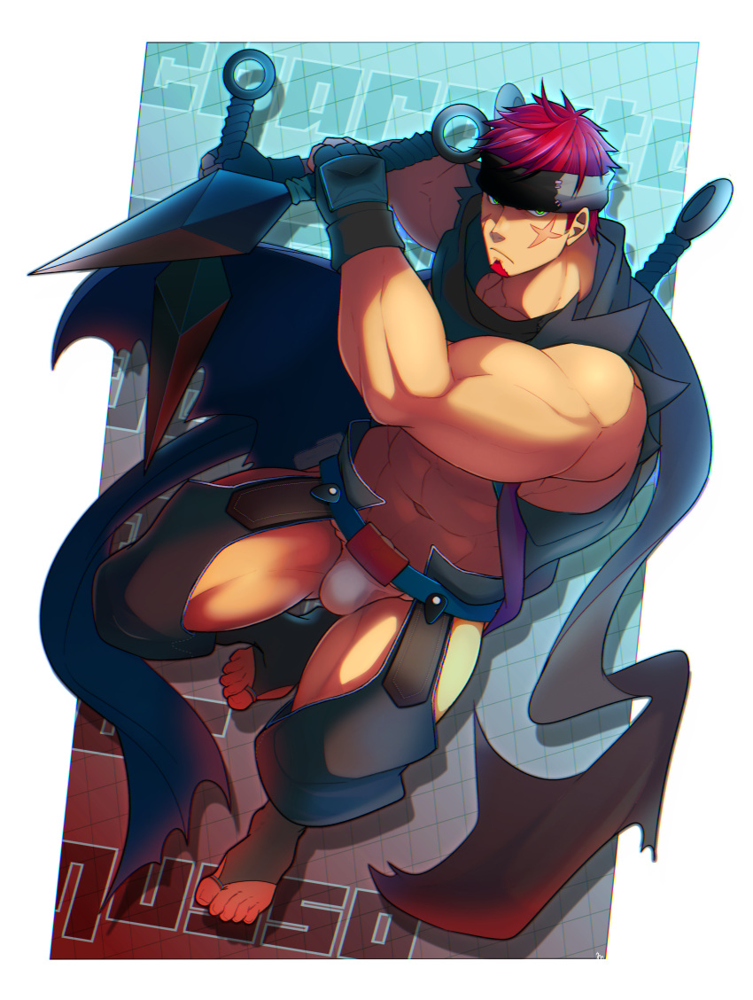 1boy absurdres bara beard black_headband bulge cape character_name clothing_cutout crotchless crotchless_pants crow_(siranui) facial_hair full_body green_eyes gyee headband highres hip_vent kunai looking_at_viewer male_focus muscular muscular_male musso_(gyee) navel oversized_object pants red_hair solo standing thick_thighs thigh_cutout thighs weapon