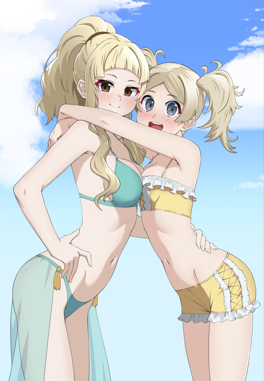 2girls :d alternate_costume asymmetrical_docking bikini bikini_shorts blonde_hair blue_bikini blue_eyes blue_sarong blue_sky blunt_bangs blush breast_press breasts brown_eyes clair_(fire_emblem) cleavage cloud commentary fire_emblem fire_emblem_awakening fire_emblem_echoes:_shadows_of_valentia frilled_shorts frills from_side groin hand_on_another's_back hand_on_own_thigh high_ponytail highres hug leaning_forward lissa_(fire_emblem) long_hair looking_at_viewer medium_breasts multiple_girls navel oppaihobby outdoors parted_bangs sarong see-through see-through_sarong shorts sidelocks sky small_breasts smile standing swimsuit tassel twintails yellow_bikini yellow_shorts