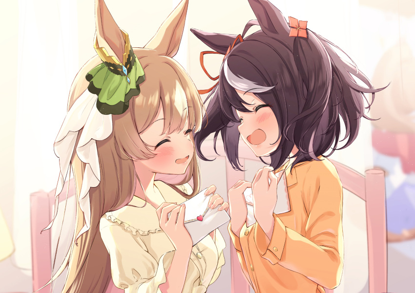 2girls :d animal_ears black_hair blush brown_hair closed_eyes commentary_request ear_ribbon facing_another frilled_shirt_collar frills hair_ornament hands_up highres holding holding_letter horse_ears horse_girl kitasan_black_(umamusume) letter long_hair long_sleeves love_letter medium_hair multicolored_hair multiple_girls orange_shirt saboten_mushi satono_diamond_(umamusume) shirt smile streaked_hair umamusume upper_body white_hair yellow_shirt