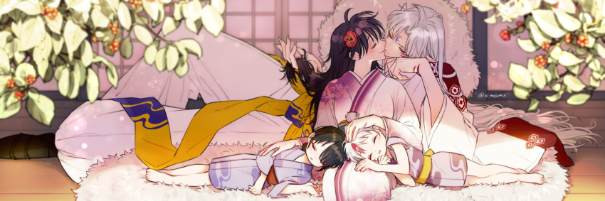 1boy 3girls absurdres affectionate barefoot black_hair closed_eyes crescent crescent_facial_mark egasumi facial_mark family father_and_daughter flower fur_shawl hair_flower hair_ornament han'you_no_yashahime highres higurashi_towa husband_and_wife inuyasha kikkoumon kissing lap_pillow lying mother_and_daughter multicolored_hair multiple_girls on_side parted_bangs rin_(inuyasha) sash sesshoumaru setsuna_(inuyasha) shade shawl siblings sisters sleeping smile so_masumi streaked_hair whisker_markings white_hair