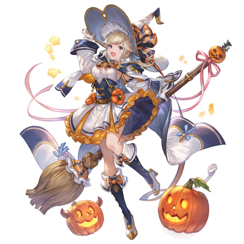 arm_up belt blonde_hair blue_eyes blue_footwear blue_ribbon boots breasts broom cape cleavage cleavage_cutout clothing_cutout corset cucouroux_(granblue_fantasy) cucouroux_(halloween)_(granblue_fantasy) detached_sleeves dress female frilled_dress frills full_body gloves granblue_fantasy hair_ribbon hand_on_headwear hat high_heel_boots high_heels jack-o'-lantern looking_at_viewer medium_breasts official_alternate_costume official_art open_mouth red_ribbon ribbon sidelocks sleeveless sleeveless_dress smile solo star_(symbol) transparent_background twintails white_dress white_gloves wide_sleeves witch_hat