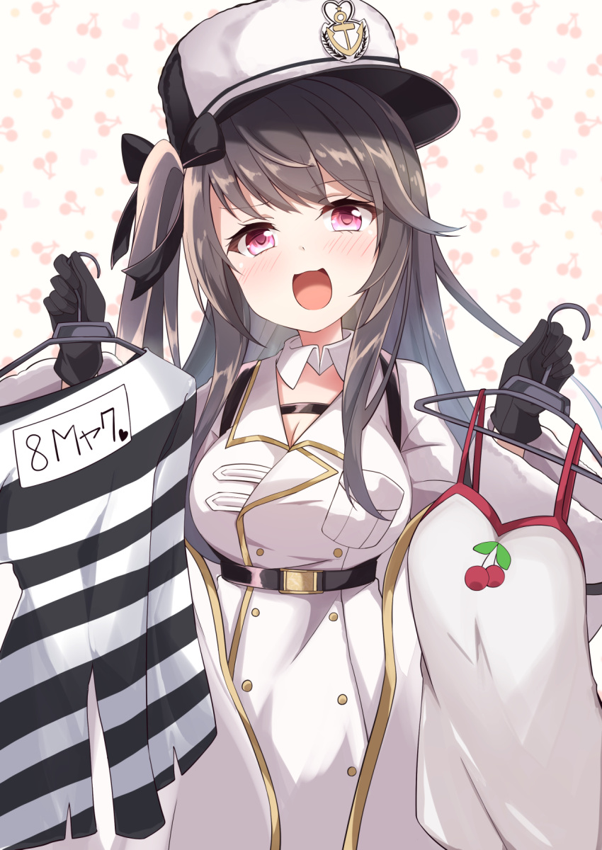 :d acchii_(akina) azur_lane belt black_gloves black_hair blush bow breasts cleavage clothes_hanger coat commentary_request dual_wielding female gloves hair_between_eyes hair_ribbon hairbow hat highres holding large_breasts long_hair long_sleeves looking_at_viewer one_side_up open_mouth pamiat_merkuria_(azur_lane) prison_clothes purple_eyes ribbon shirt sidelocks simple_background smile solo translation_request white_hat winter_clothes winter_coat