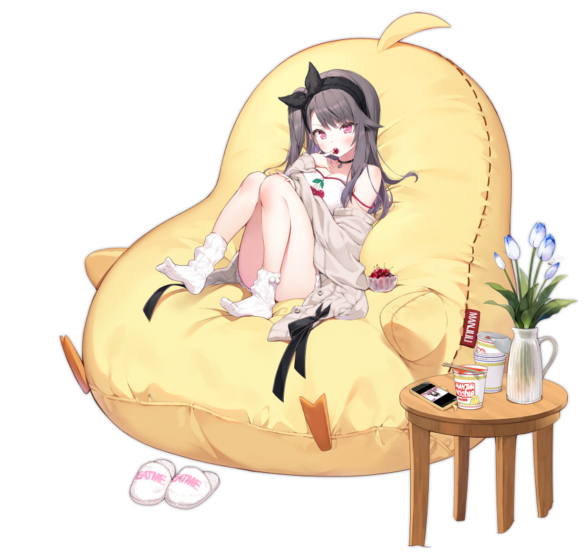 azur_lane bean_bag_chair black_hairband brown_cardigan byulzzi cardigan cellphone cherry chopsticks closed_eyes eating female flower food fruit grey_hair hairband highres long_hair looking_at_viewer nissin_cup_noodle official_alternate_costume official_art one_side_up open_cardigan open_clothes open_mouth pamiat_merkuria_(azur_lane) pamiat_merkuria_(sweet_cherry_memories)_(azur_lane) phone purple_eyes sitting smartphone smile socks solo transparent_background vase white_socks