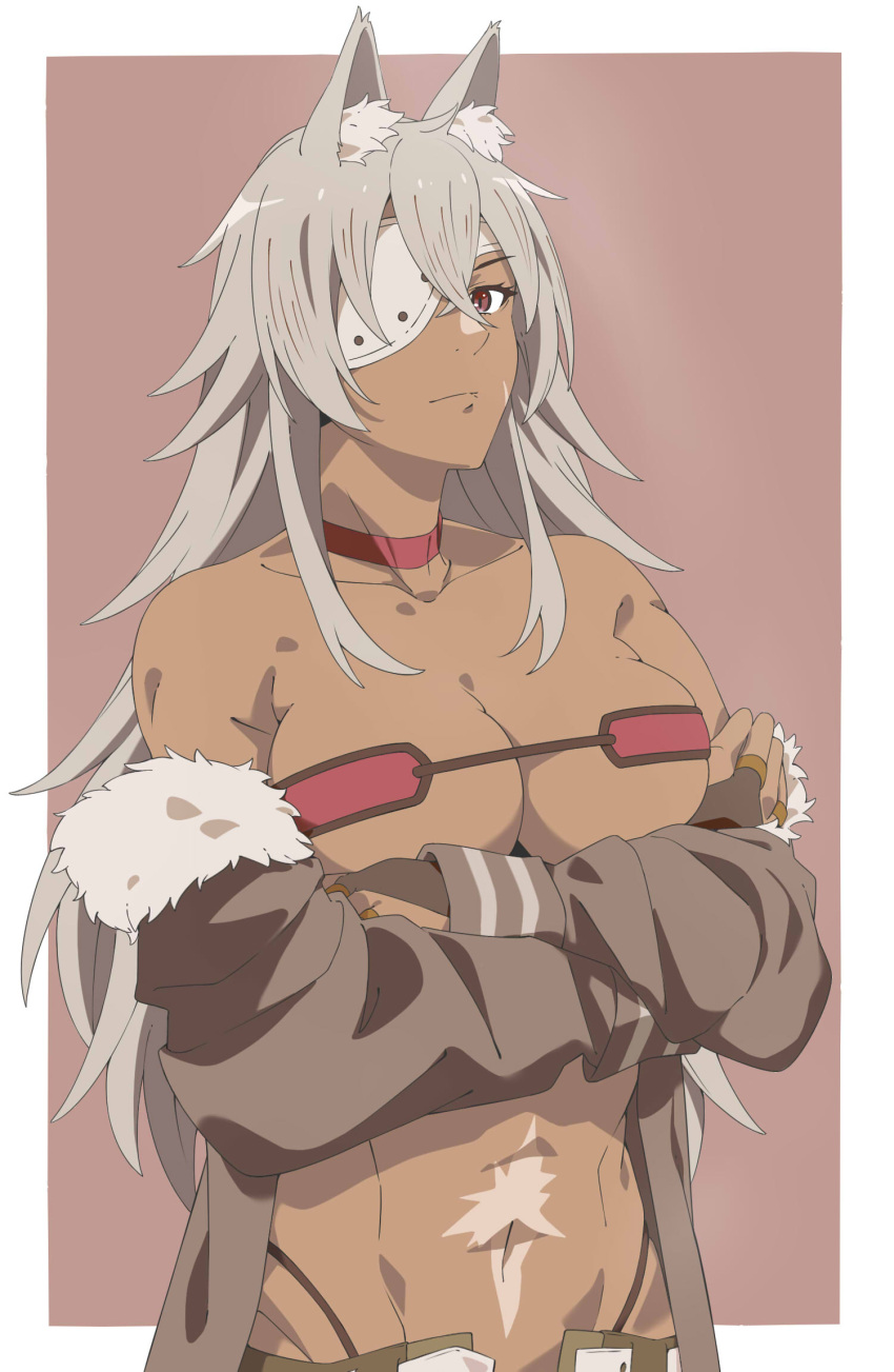 abs animal_ear_fluff animal_ears armpit_crease bad_id bad_twitter_id bare_shoulders border breasts brown_eyes choker cleavage collarbone commentary_request dark-skinned_female dark_skin eyepatch female fur-trimmed_jacket fur_trim ghislaine_dedoldia grey_hair highres jacket large_breasts looking_at_viewer mushoku_tensei navel off_shoulder one-eyed one_eye_covered scar scar_on_stomach simple_background solo toned white_border yoxtut