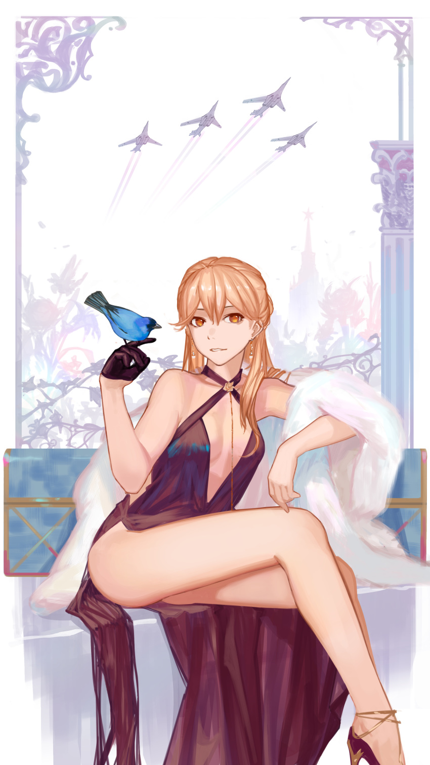 absurdres aircraft bad_id bad_pixiv_id bare_legs bird blonde_hair breasts dress earrings feather_boa female flower fur girls'_frontline gloves hair_between_eyes high_heels highres jewelry legs long_hair looking_at_viewer official_alternate_costume ots-14_(girls'_frontline) ots-14_(ruler_of_the_banquet)_(girls'_frontline) purple_dress purple_footwear salty_eyes shoes single_glove sitting small_breasts smile solo stole thighs tu-160 yellow_eyes