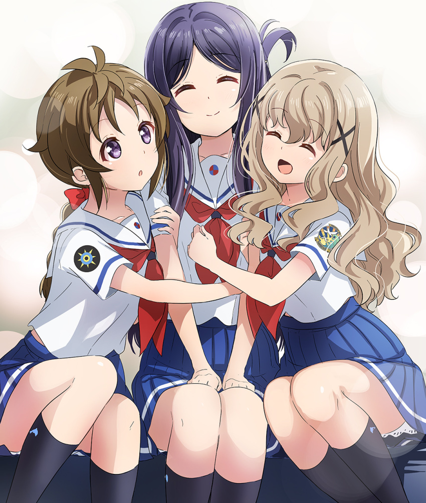 3girls abe_kanari badge black_legwear blue_skirt braid brown_hair closed_eyes commentary_request feet_out_of_frame folded_hair hair_ornament high_school_fleet highres kneehighs light_brown_hair long_hair marikouji_kaede multiple_girls neckerchief one_side_up pleated_skirt red_neckerchief sailor_collar school_uniform serafuku short_sleeves single_braid sitting skirt socks uda_megumi white_sailor_collar x_hair_ornament yagi_tsugumi yokosuka_girls_marine_high_school_uniform