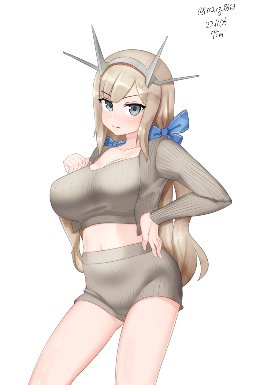 absurdres alternate_costume blonde_hair blue_ribbon breasts contrapposto cowboy_shot female grey_eyes grey_jacket grey_shorts grey_sports_bra hair_ribbon headgear highres jacket kantai_collection large_breasts long_hair low_twintails maru_(marg0613) maryland_(kancolle) midriff one-hour_drawing_challenge ribbed_jacket ribbon shorts simple_background solo sports_bra twintails underwear white_background