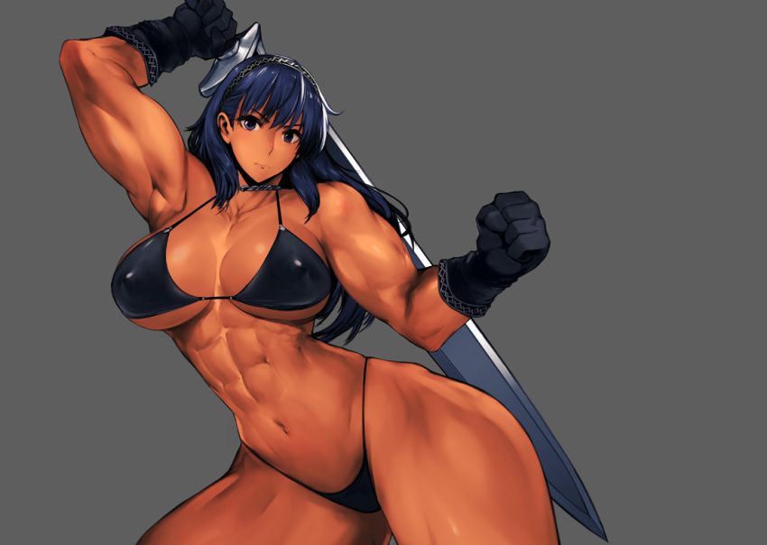 abs bikini black_bikini black_gloves blue_eyes blue_hair breasts cowboy_shot dark_skin female gloves grey_background holding holding_sword holding_weapon large_breasts long_hair muscular muscular_female navel original solo swimsuit sword takebouzu warrior weapon