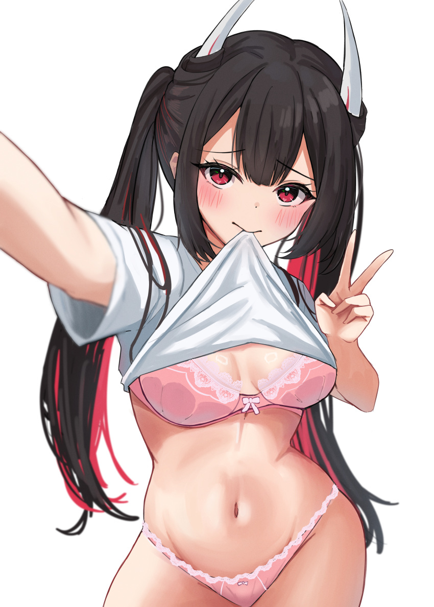 absurdres alternate_costume azur_lane black_hair bovine bra breasts clothes_lift commentary_request female hatsuzuki_(azur_lane) highres horns lace-trimmed_bra lace_trim long_hair midriff mouth_hold outstretched_hand panties pink_panties red_eyes red_hair selfie shirt_lift simple_background soul_(dp11) taking_picture twintails underwear v white_background