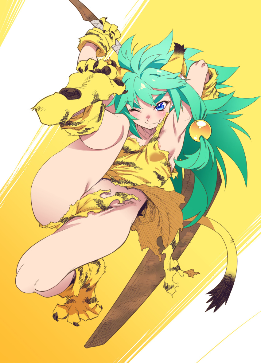 absurdres animal_ears animal_print bell blue_eyes boomerang cham_cham collar female gloves green_hair highres holding holding_weapon neck_bell one_eye_closed paw_shoes samurai_spirits shirou shoes snk solo tail tiger_print weapon