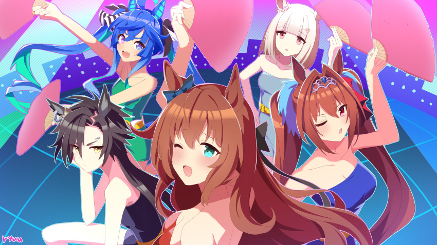 5girls ahoge air_shakur_(umamusume) animal_ears antenna_hair aqua_dress aqua_eyes aqua_hair artist_name bare_shoulders black_dress blue_bow blue_dress blue_eyes blue_hair bow breasts brown_hair chestnut_mouth cleavage closed_mouth commentary daiwa_scarlet_(umamusume) dress ear_bow ear_ornament ear_piercing english_commentary eyebrow_piercing gradient_hair grey_hair hair_between_eyes hand_fan happy_meek_(umamusume) heterochromia highres holding holding_fan horse_ears horse_girl large_breasts long_hair looking_at_viewer maruzensky_(umamusume) multicolored_hair multiple_girls off-shoulder_dress off_shoulder open_mouth parted_lips piercing pink_eyes red_eyes red_hair ryuu_(ryuraconis) small_breasts smile tiara twin_turbo_(umamusume) twintails umamusume umayuru v-shaped_eyebrows very_long_hair