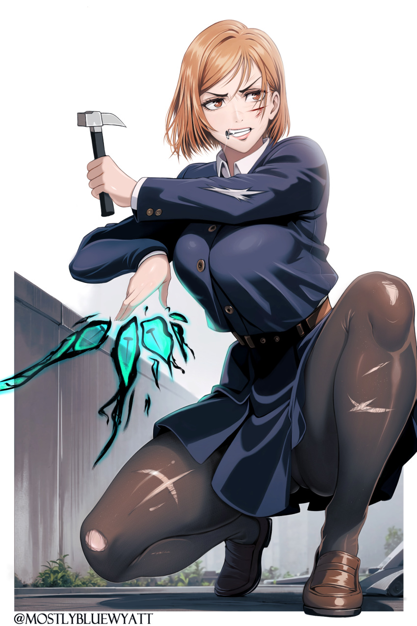 bad_id bad_pixiv_id blood blue_jacket blue_skirt brown_eyes brown_footwear brown_hair claw_hammer cursed_energy female hammer highres holding holding_hammer jacket jujutsu_kaisen jujutsu_tech_uniform kugisaki_nobara loafers mostlybluewyatt mouth_hold nail pantyhose shoes skirt solo squatting torn_clothes torn_pantyhose